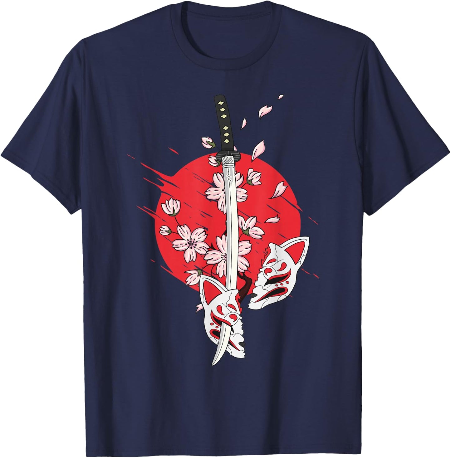Kitsune Mask Nine-Tailed Cherry Blossom Flowers Katana T-Shirt - T-Shirt | Navy