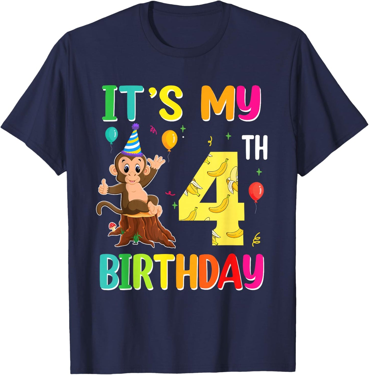 It's My 4th Birthday Monkey 4 Year Old Boy Girl T-Shirt - T-Shirt | Navy