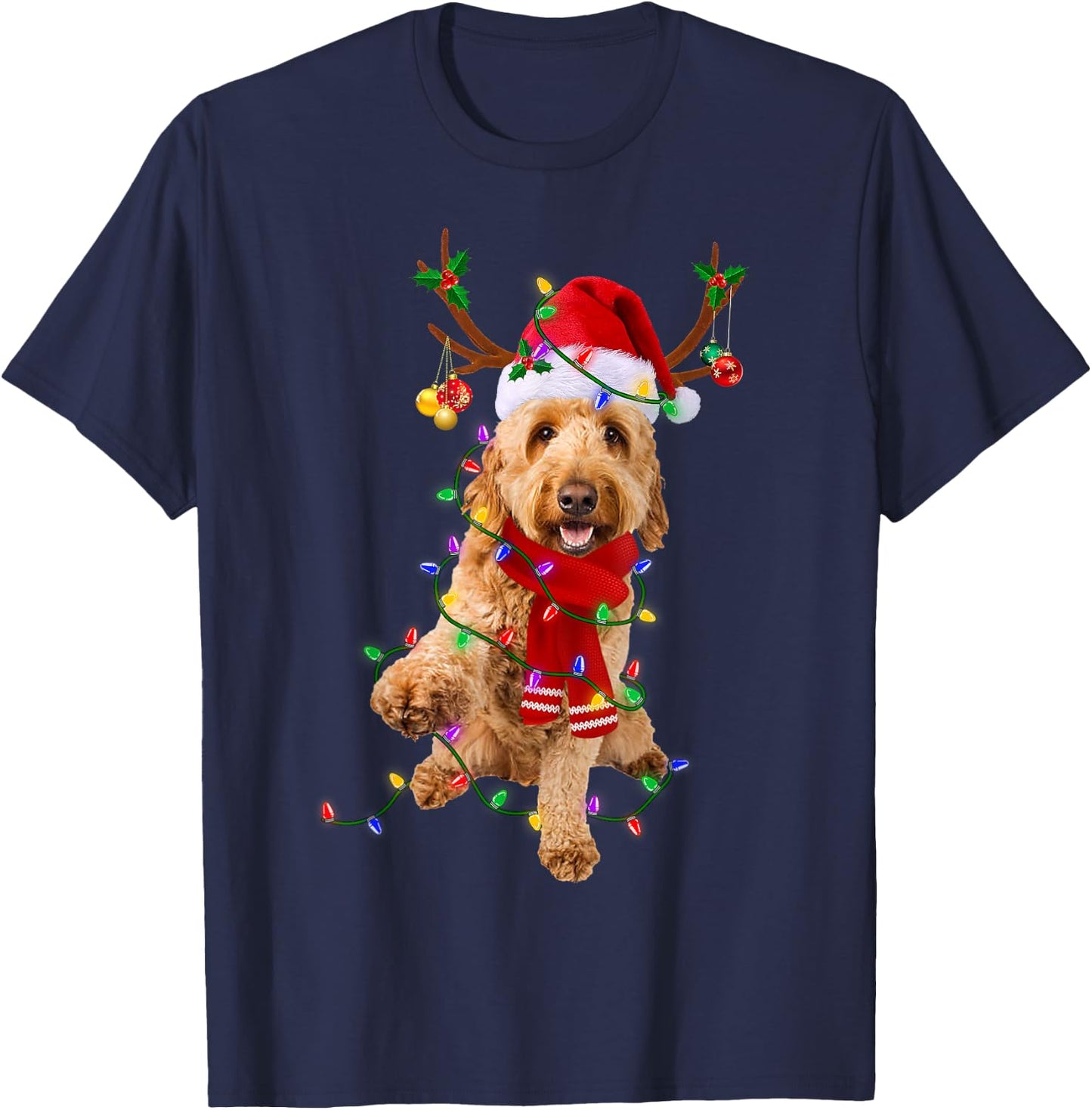 Funny Goldendoodle Dog Tree Christmas Lights Pajama Men Women Kids T-Shirt - T-Shirt | Navy