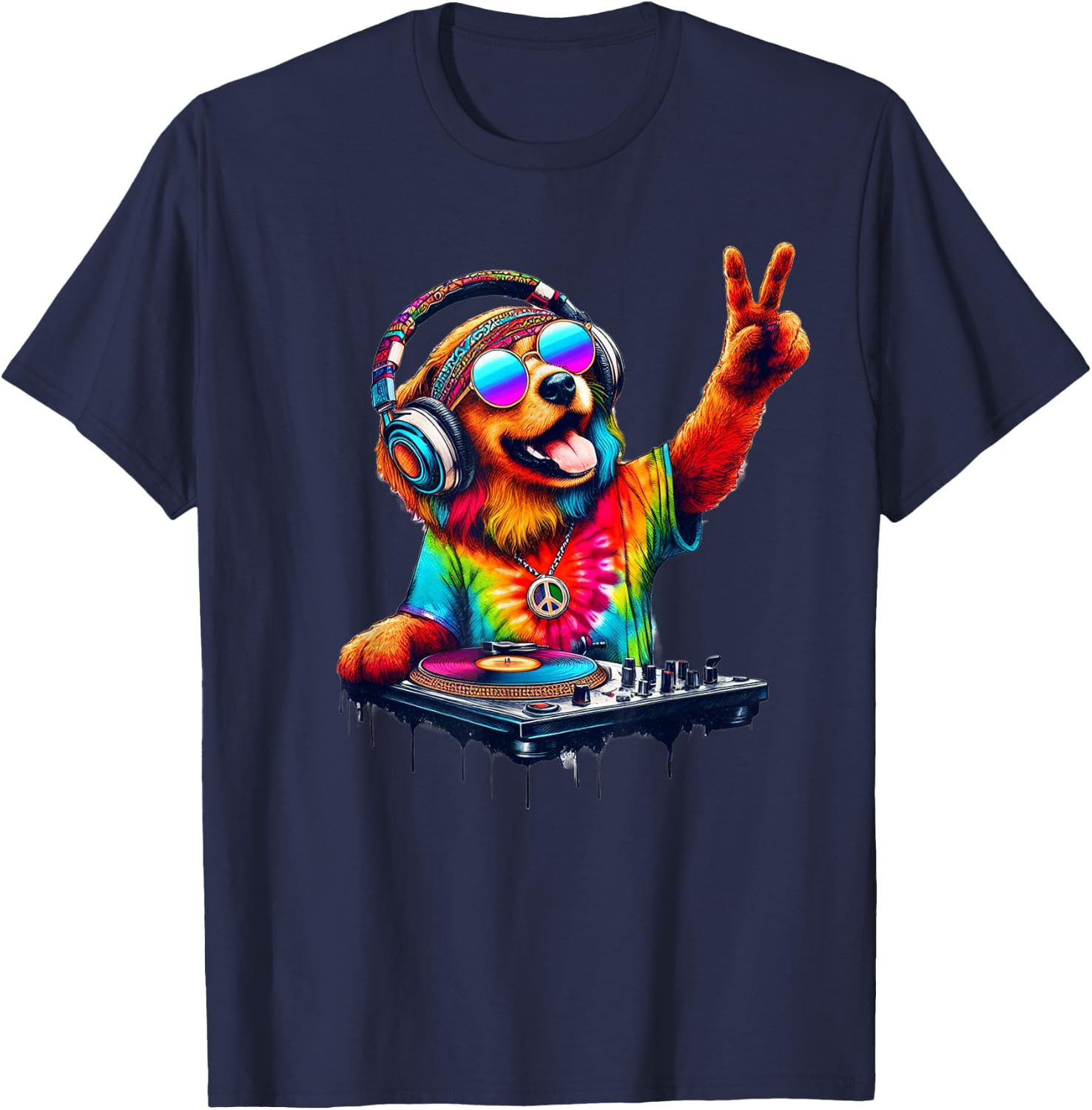 Colourful Dog DJ Men Women Kids T-Shirt - T-Shirt | Navy