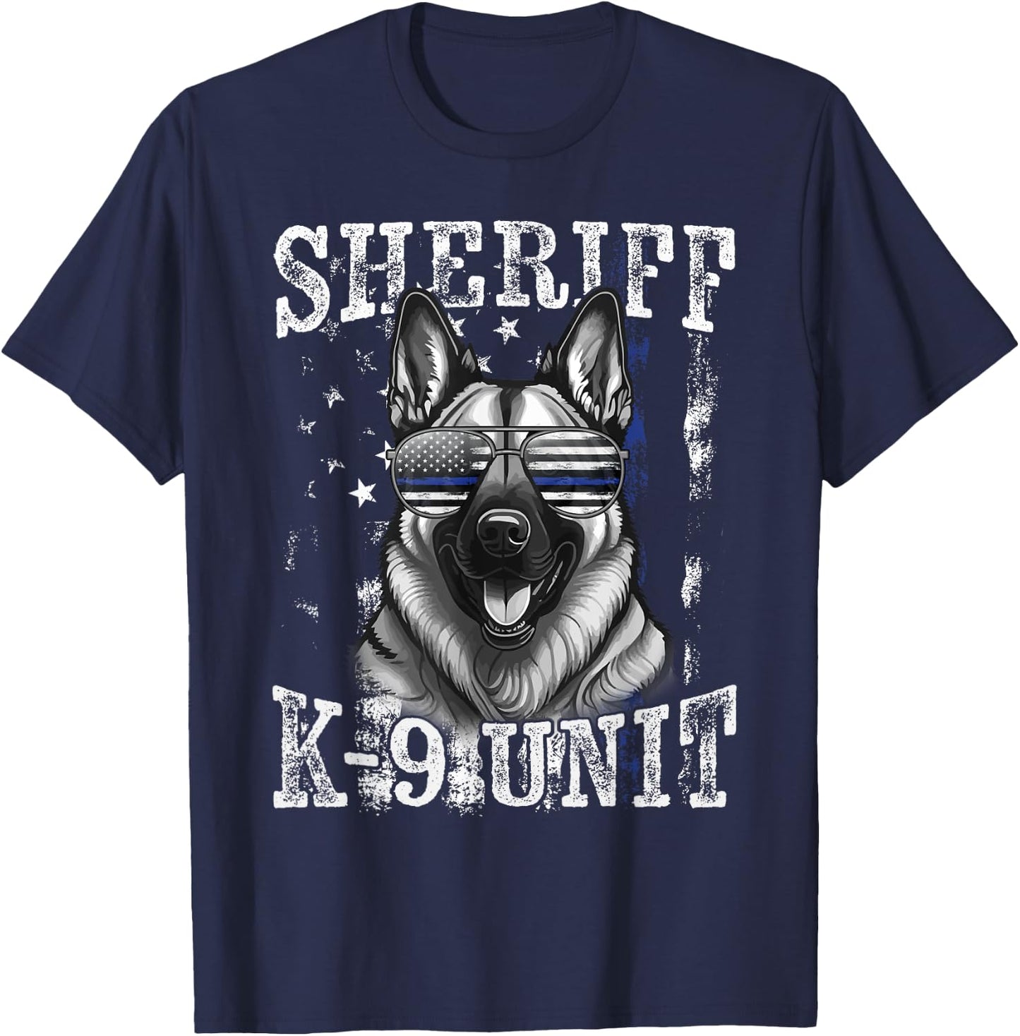 Blue Line American Flag German Shepherd Dog Sheriff K-9 Unit T-Shirt - T-Shirt | Navy