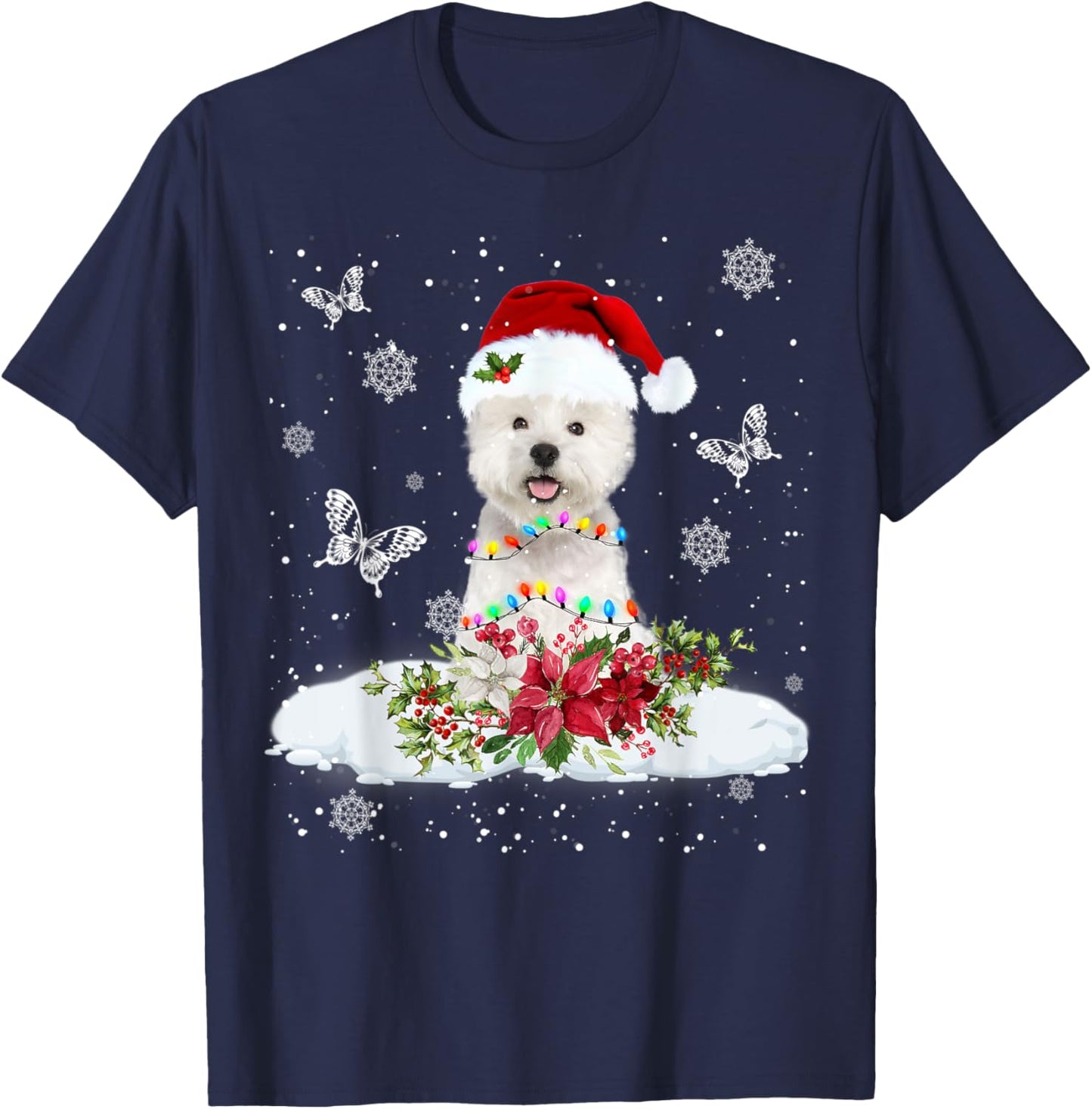 Westie Snowly Christmas Tree Lights Pajama Dog Xmas T-Shirt - T-Shirt | Navy
