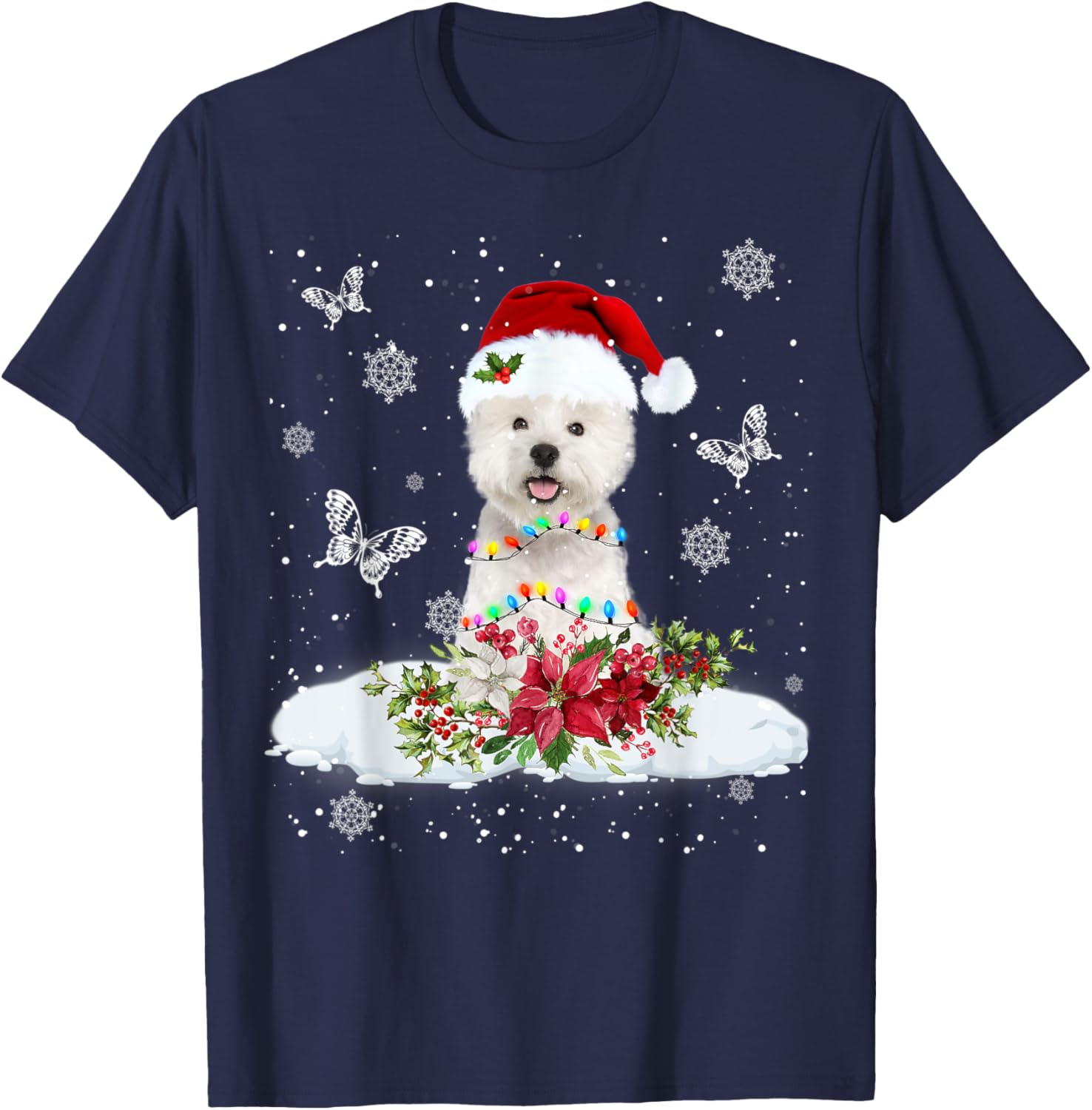 Westie Snowly Christmas Tree Lights Pajama Dog Xmas T-Shirt - T-Shirt | Navy