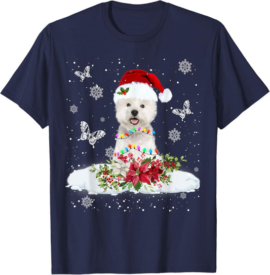 Westie Snowly Christmas Tree Lights Pajama Dog Xmas T-Shirt - T-Shirt | Navy