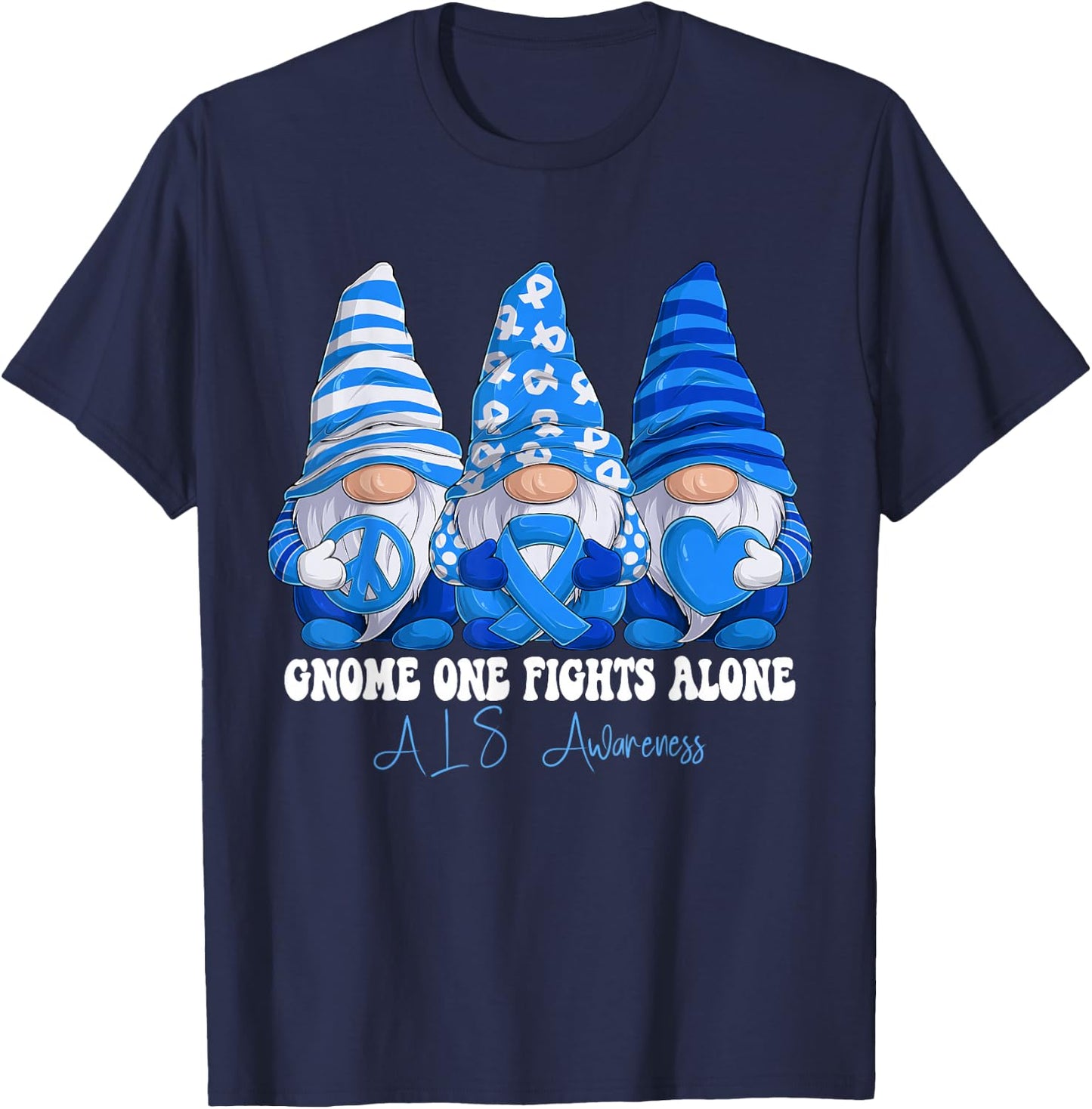 ALS Awareness Month Blue Ribbon Gnomies Support T-Shirt - T-Shirt | Navy