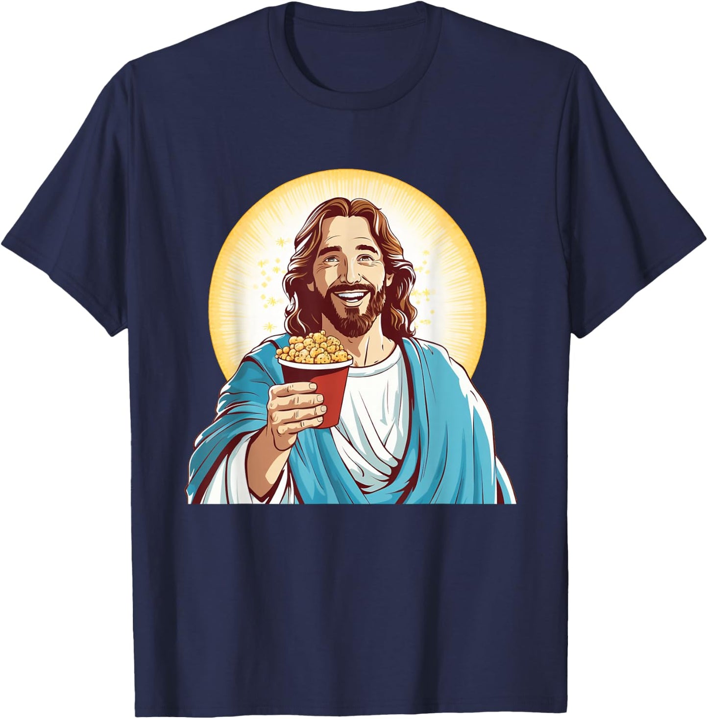 Funny Movie Night with Jesus and Popcorn Box Costume T-Shirt - T-Shirt | Navy