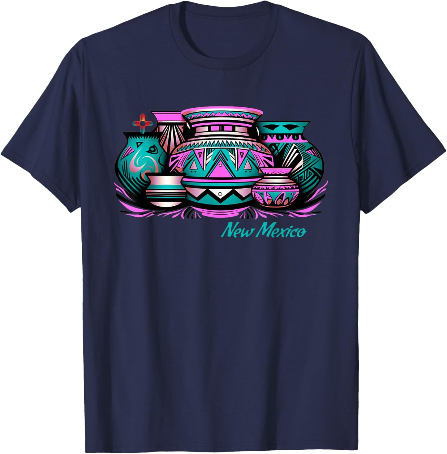 New Mexico Retro: Native Pottery & Zia Symbol Graphic T-Shirt - T-Shirt | Navy