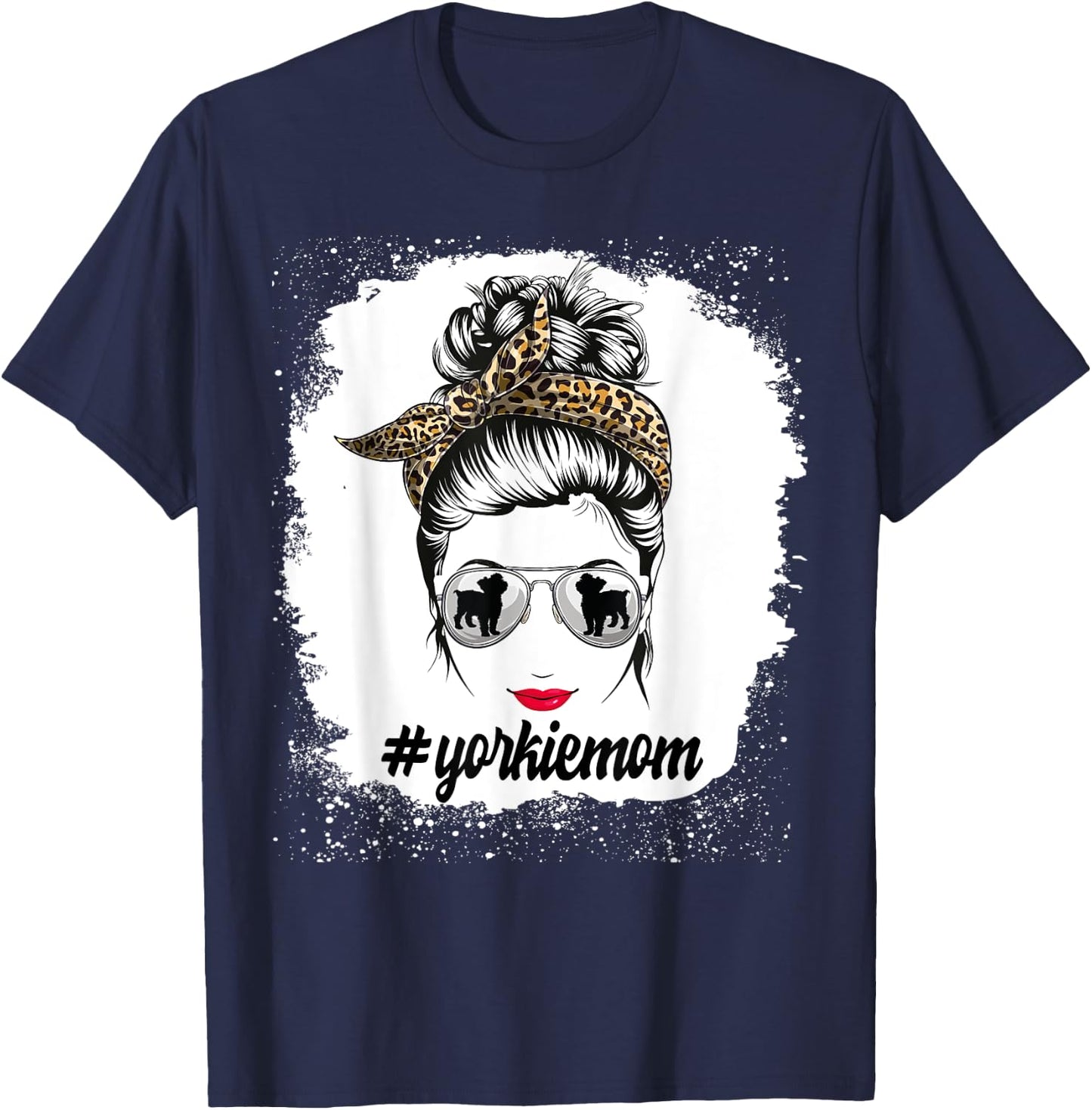 Yorkie Dog Mom Bleached Messy Bun Leopard Women Puppy Lovers T-Shirt - T-Shirt | Navy