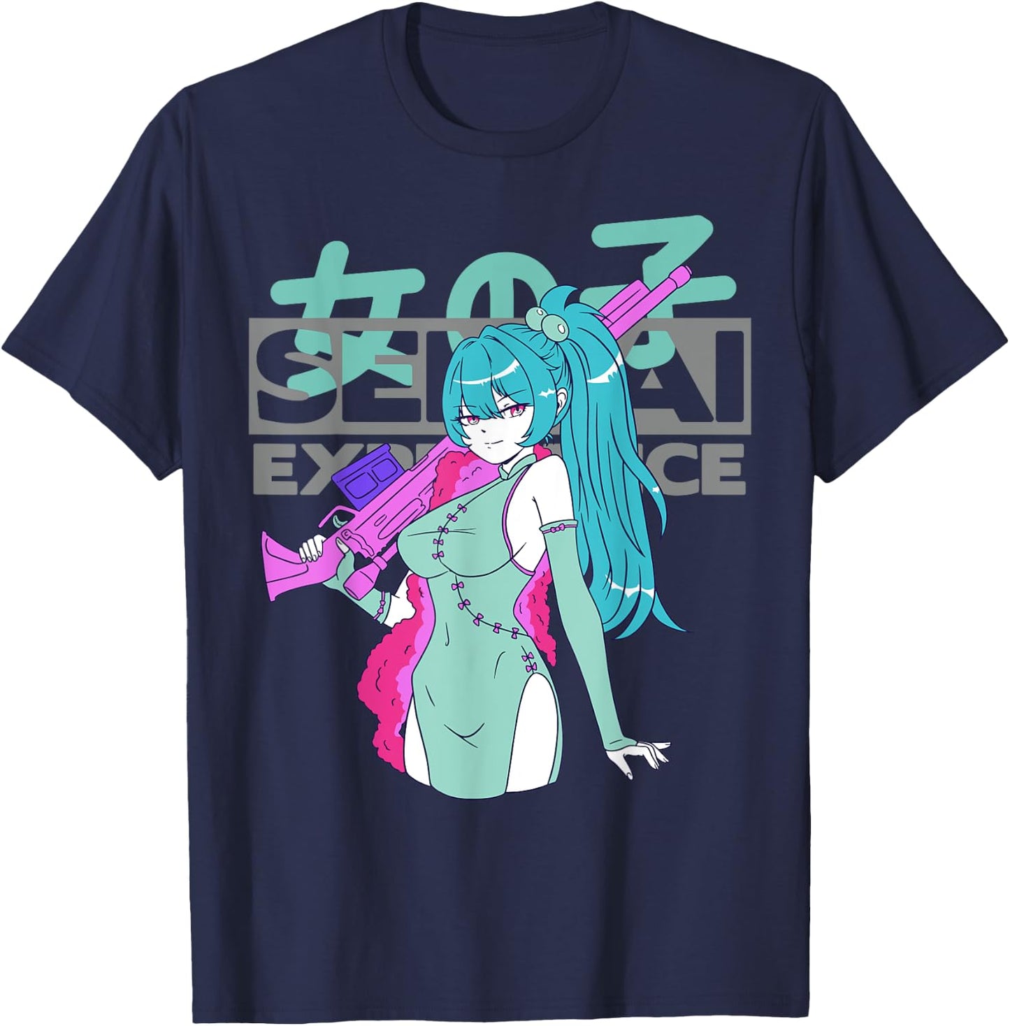 Sexy Waifu Anime Girl with Sniper Rifle and Blue Hair Senpai T-Shirt - T-Shirt | Navy