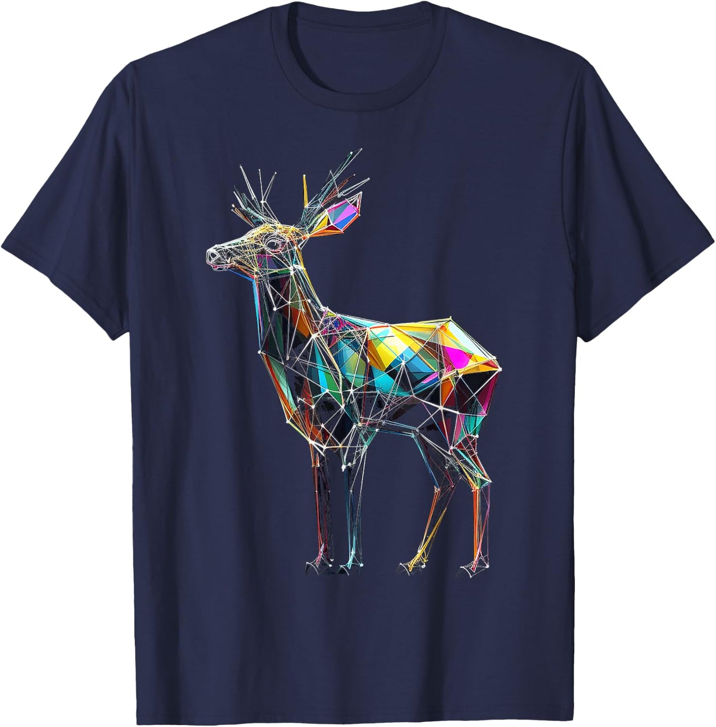 Deer Polygon Artwork | Geometric Colorful Animal Motif Deer T-Shirt - T-Shirt | Navy