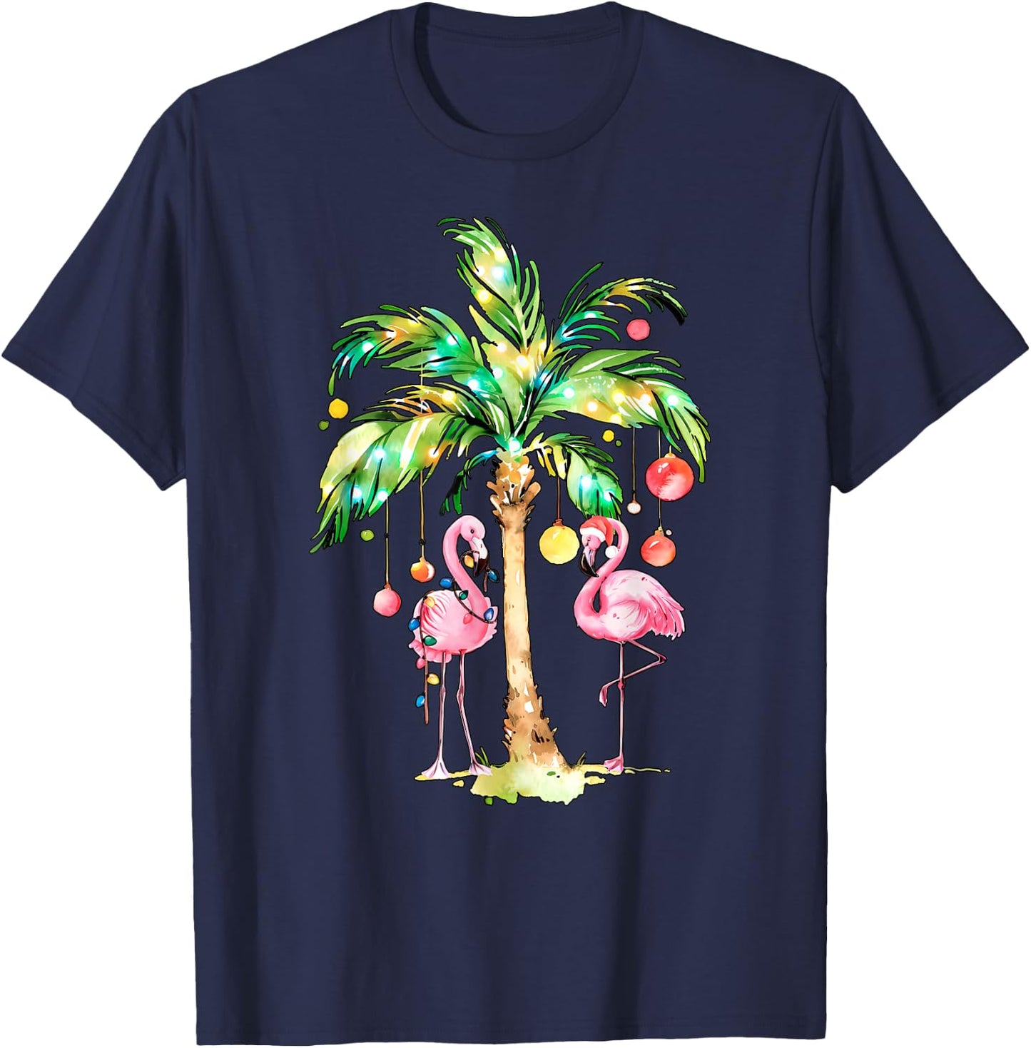 Pink Flamingo Christmas Palm Tree Tropical Xmas Holiday T-Shirt - T-Shirt | Navy