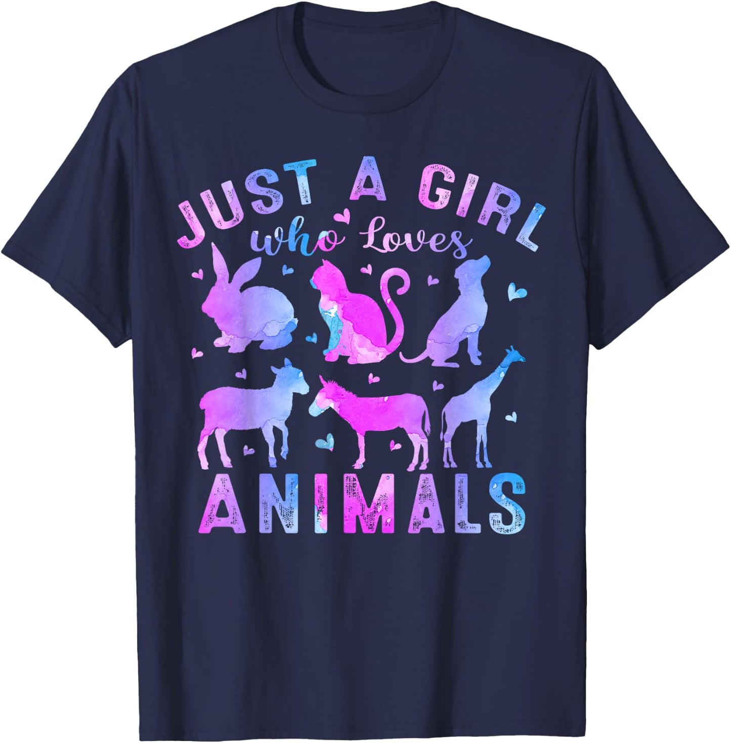 Girls Kids Women Colorful Just A Girl Who Loves Animals T-Shirt - T-Shirt | Navy