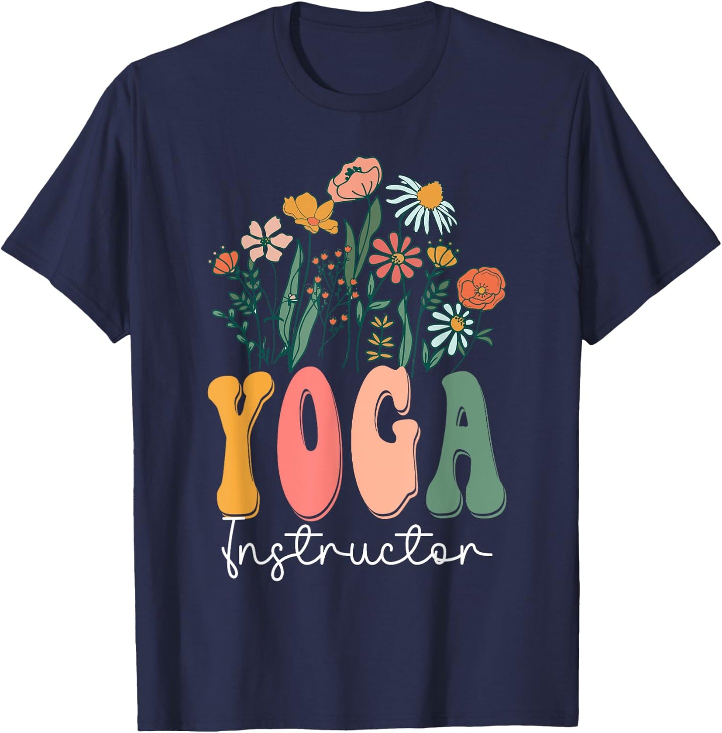Retro Groovy floral Yoga Instructor Wildflower For T-Shirt - T-Shirt | Navy
