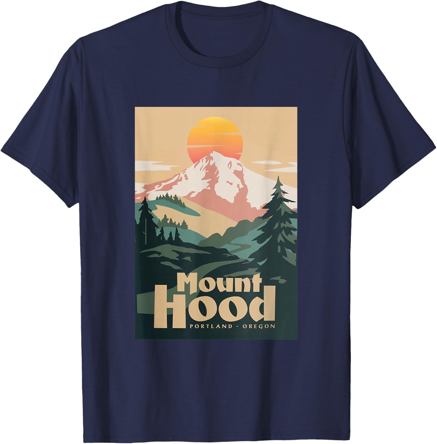 Portland Oregon Retro Sunset On Mountain Vintage T-Shirt - T-Shirt | Navy