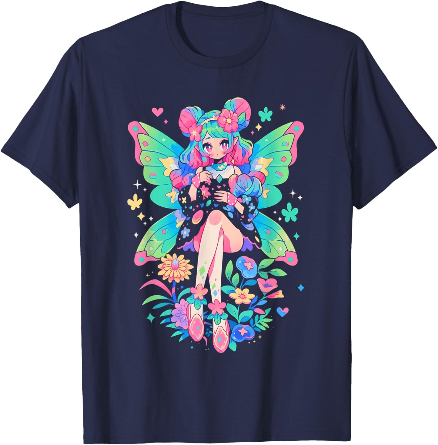 Anime Manga Girl | Kawaii Fairycore Fairy Kei Decora Kei T-Shirt - T-Shirt | Navy