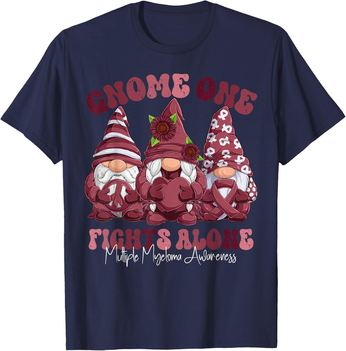 Multiple Myeloma Awareness Month Burgundy Ribbon Gnomies T-Shirt - T-Shirt | Navy