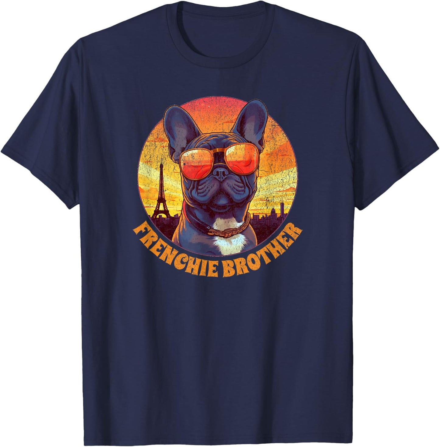 Frenchie Brother French Bulldog in Paris Vintage Sunset Men Kids T-Shirt - T-Shirt | Navy