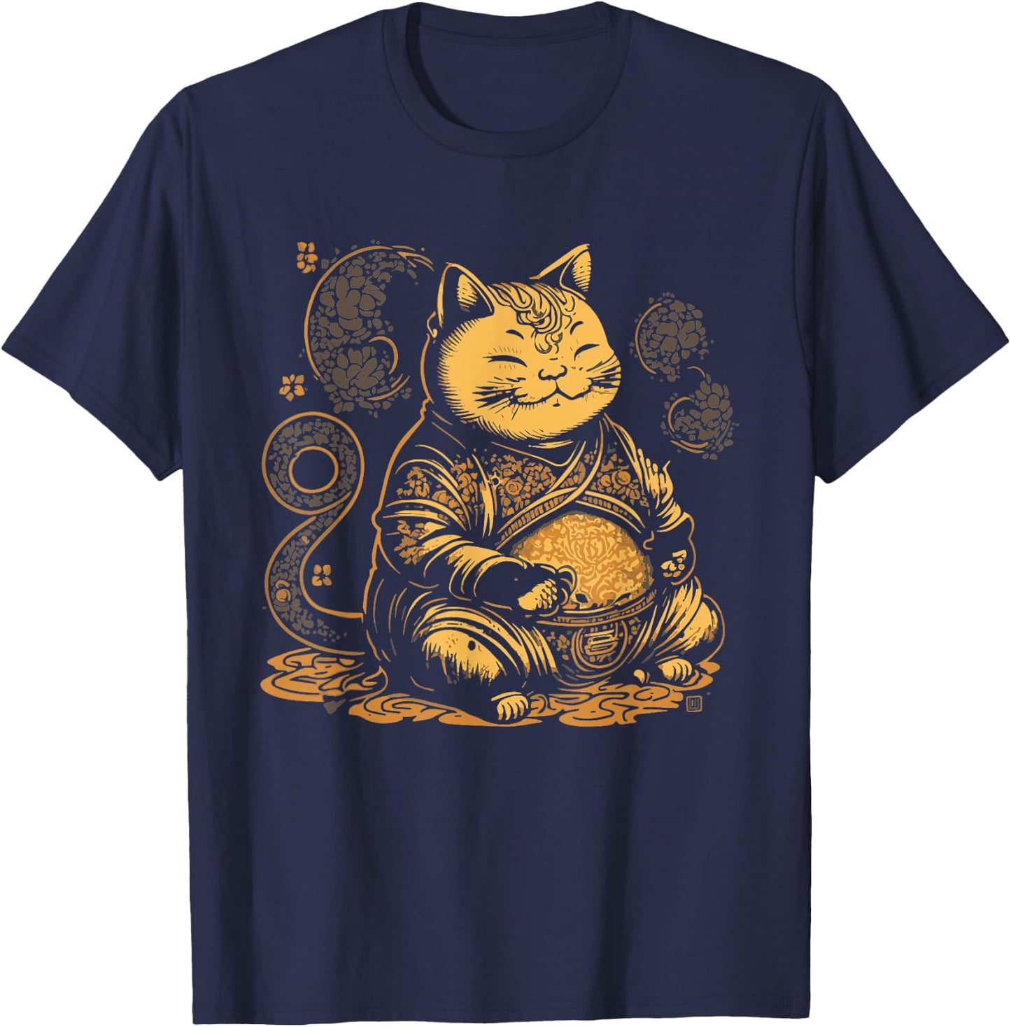 Fat Buddha Cat Mindfulness Yoga Artistic Men Women Girls Kids T-Shirt - T-Shirt | Navy