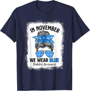 In November We Wear Blue Messy Bun Diabetes Awareness T-Shirt - T-Shirt | Navy