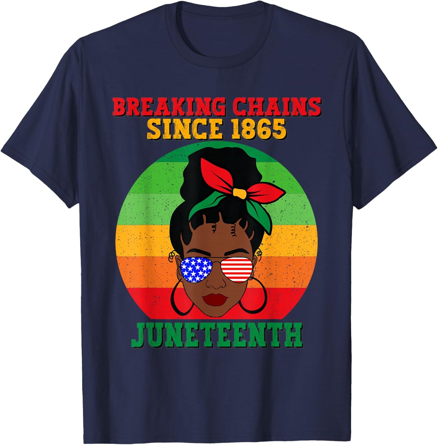 Messy Bun Juneteenth Breaking Chains Bandana Afro Sunglasses T-Shirt - T-Shirt | Navy