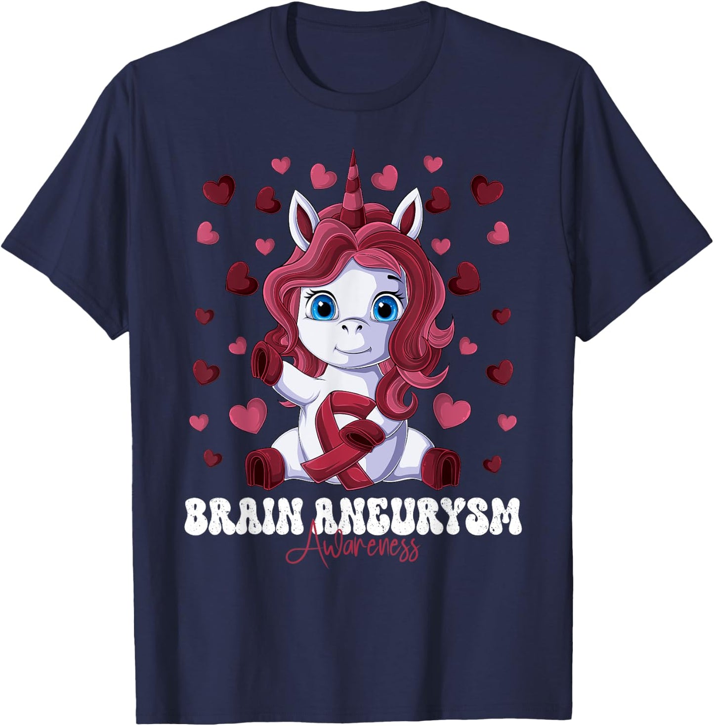 Brain Aneurysm Awareness Month Burgundy Ribbon Unicorn T-Shirt - T-Shirt | Navy