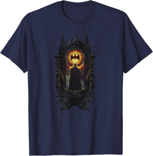 WB100 DC Comics Batman Stained Glass Dark Knight Silhouette T-Shirt - T-Shirt | Navy