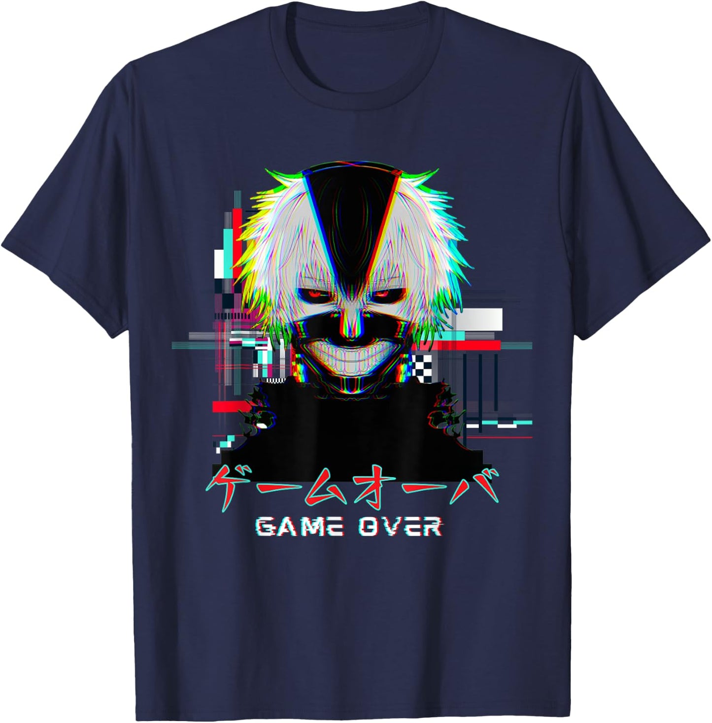 Japanese Vaporwave Anime Boy Game Over Glitch Aesthetic T-Shirt - T-Shirt | Navy