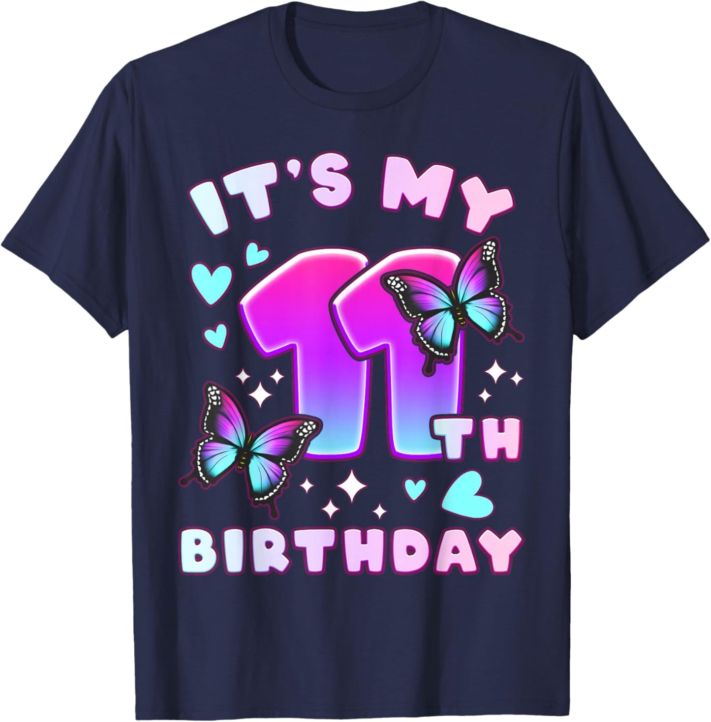11th Birthday, Girl 11 Years, Butterflies and Number 11 T-Shirt - T-Shirt | Navy