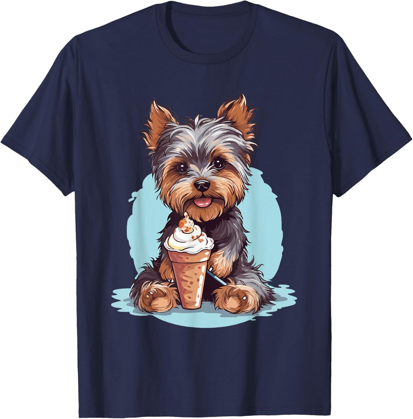Yorkie Dog Anime Eating Ice Cream Summer Cute T-Shirt - T-Shirt | Navy