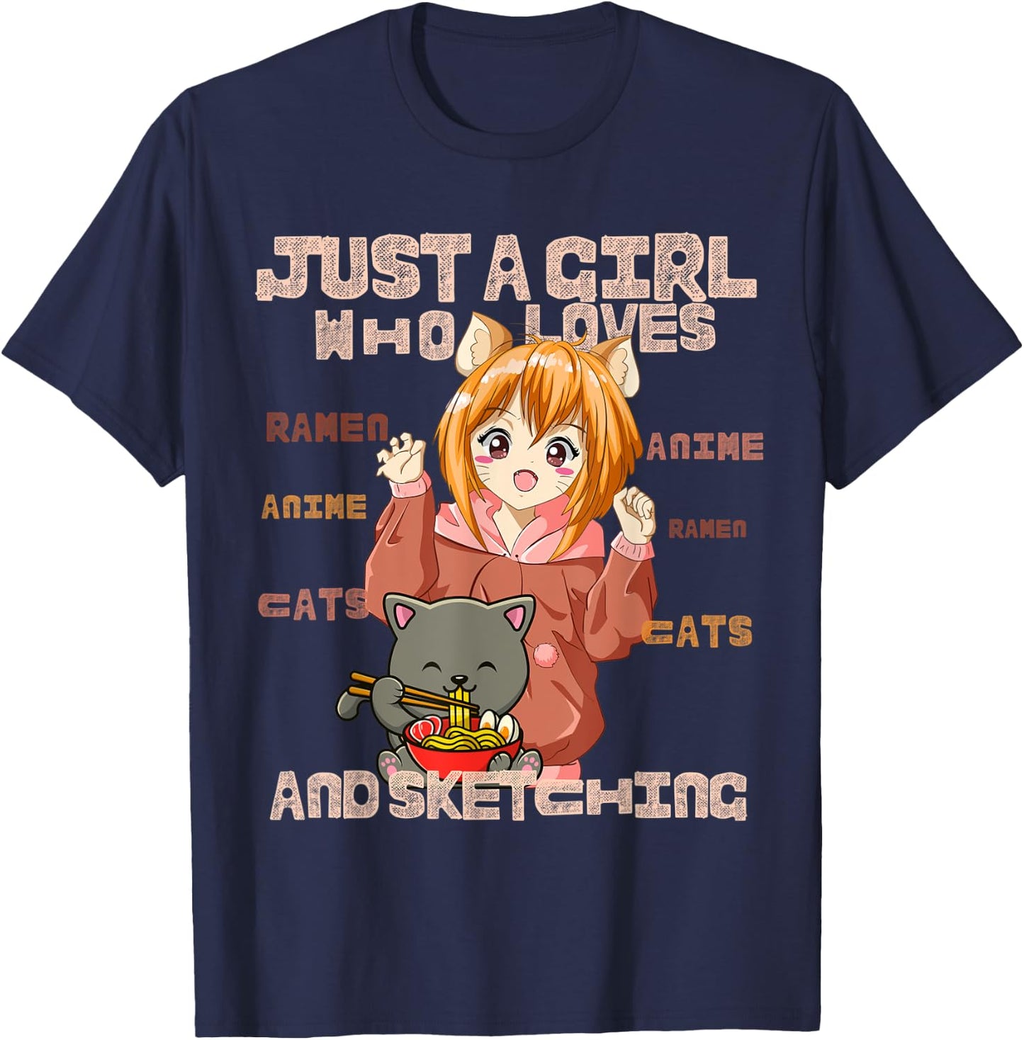 Just a Girl Who Loves Cats, Ramen, Amine And Sketching Manga T-Shirt - T-Shirt | Navy