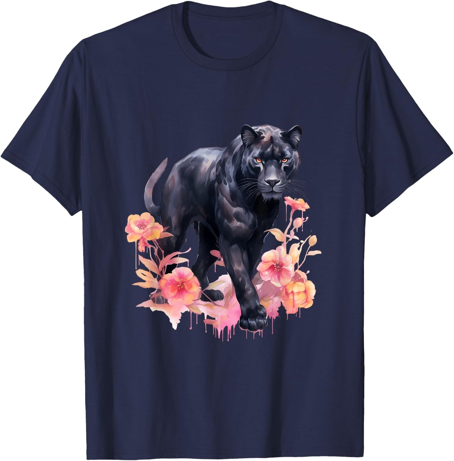 Black Panther Cat Pastel Flowers Safari Watercolor Men Women Kids T-Shirt - T-Shirt | Navy