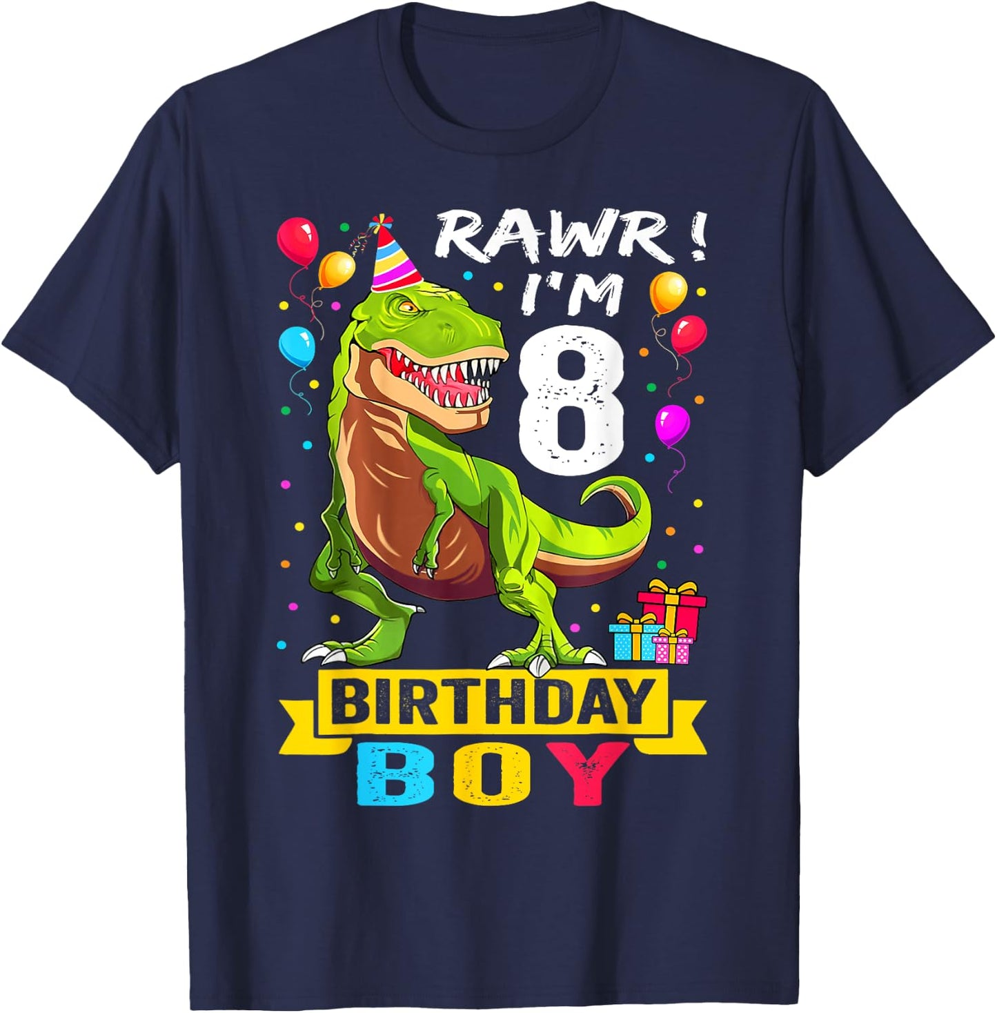 Kids 8 Year Old Shirt 8th Birthday Boy T Rex Dinosaur T-Shirt - T-Shirt | Navy