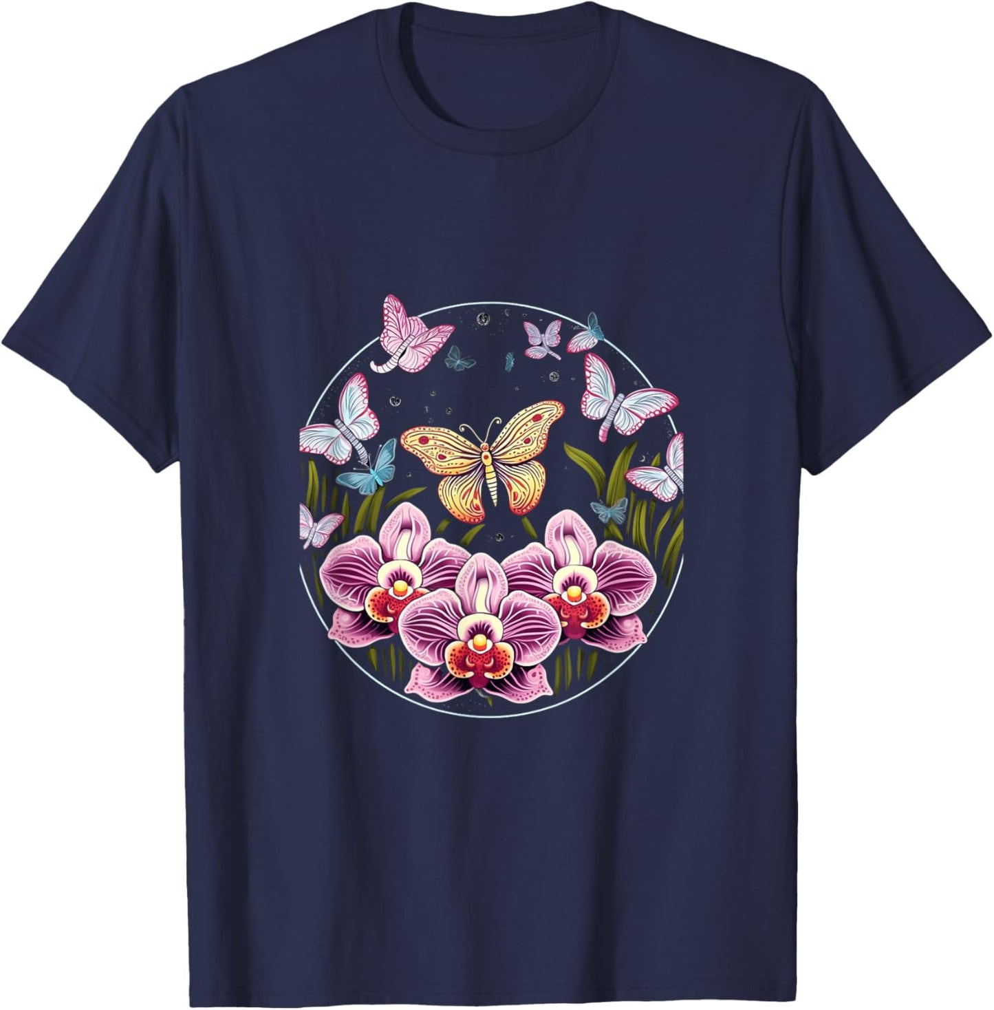 Orchids and Butterflies Butterfly Flower Orchid Plant Lovers T-Shirt - T-Shirt | Navy