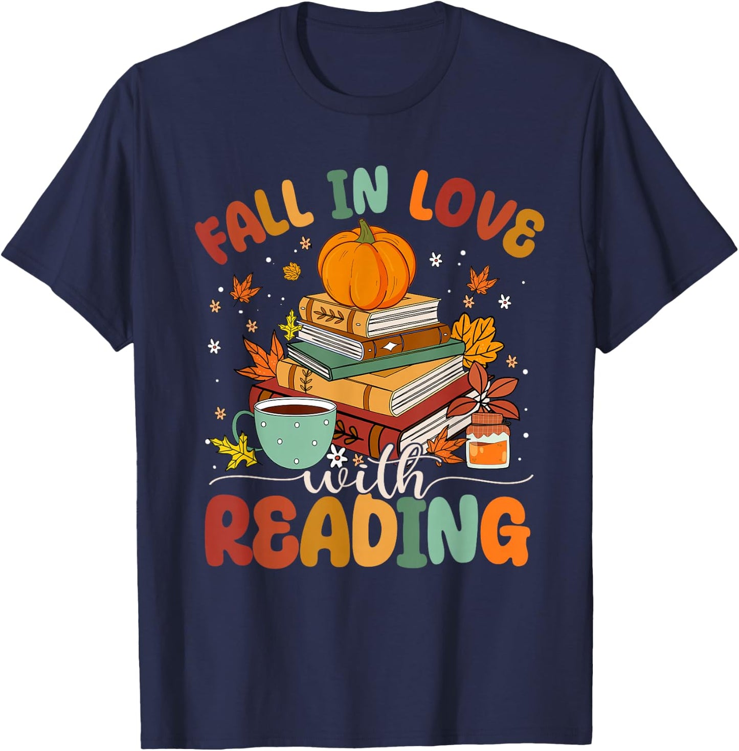 Fall In Love With Reading Fall Season T-Shirt - T-Shirt | Navy