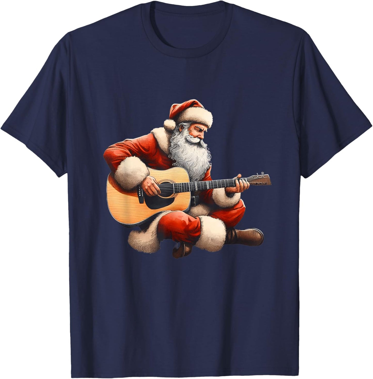 Guitarist Santa Cute Christmas Santa Playing Acoustic Guitar T-Shirt - T-Shirt | Navy