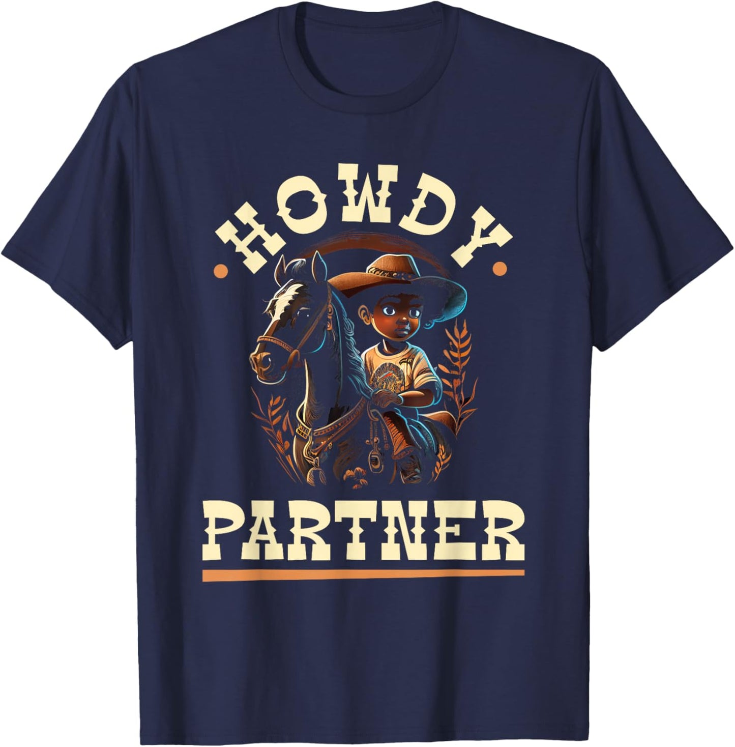 Howdy Partner, African American Rodeo Cowboy Boy Kids T-Shirt - T-Shirt | Navy
