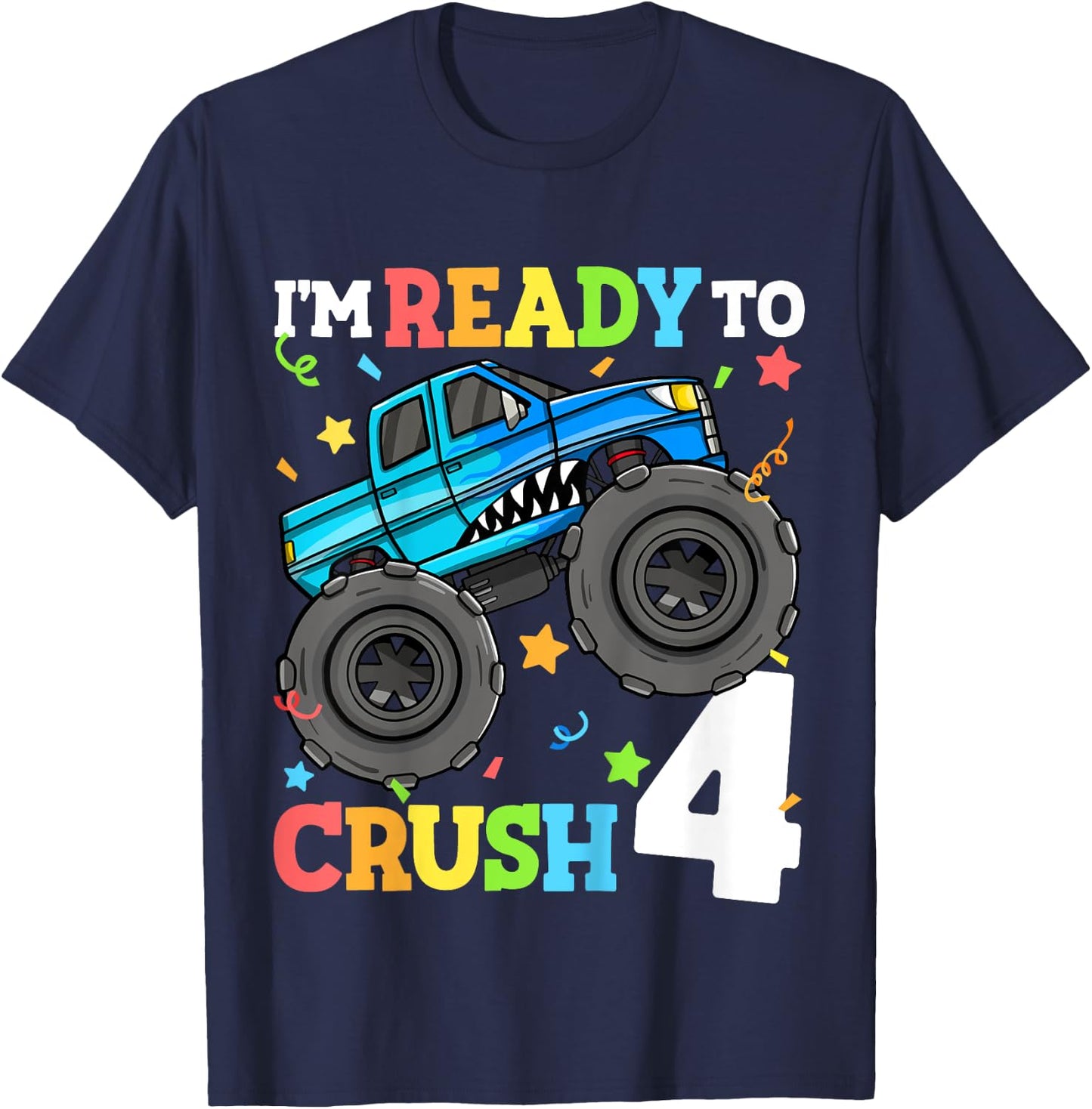 Kids Monster Truck Shark 4th Birthday Boy Toddler 4 Four Year Old T-Shirt - T-Shirt | Navy