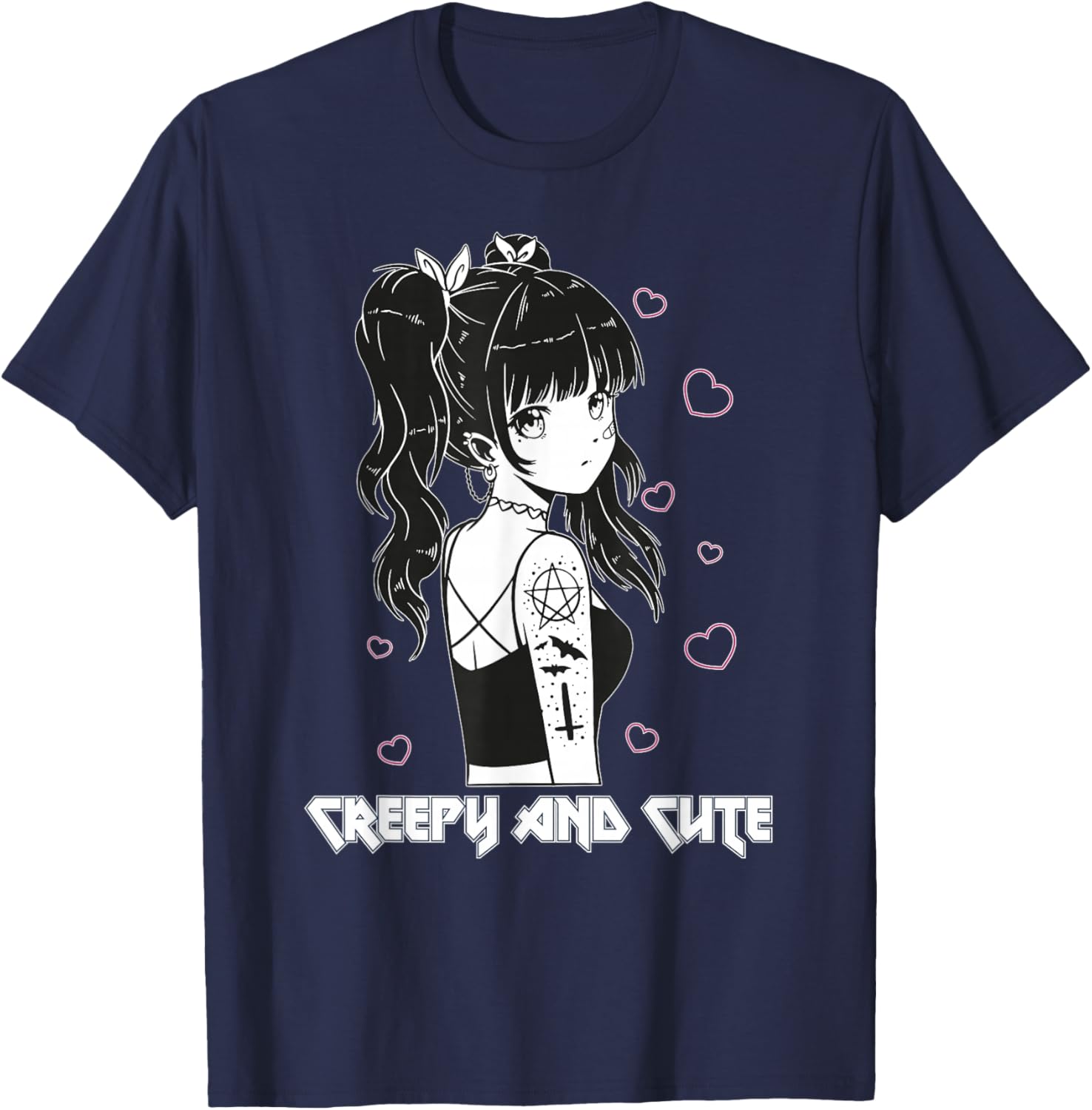Creepy And Cute Emo Goth Girl Japanese Anime T-Shirt - T-Shirt | Navy