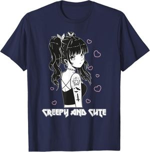 Creepy And Cute Emo Goth Girl Japanese Anime T-Shirt - T-Shirt | Navy