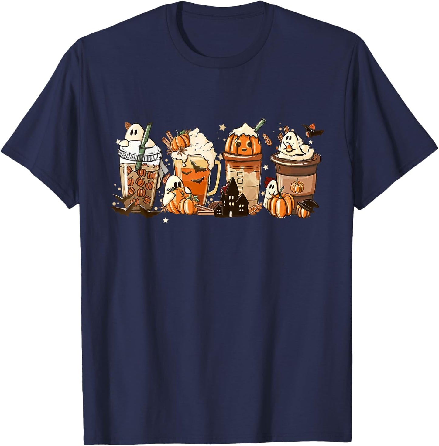 Halloween Coffee Latte Cute Scary Boo Ghost Pumpkin Spice T-Shirt - T-Shirt | Navy