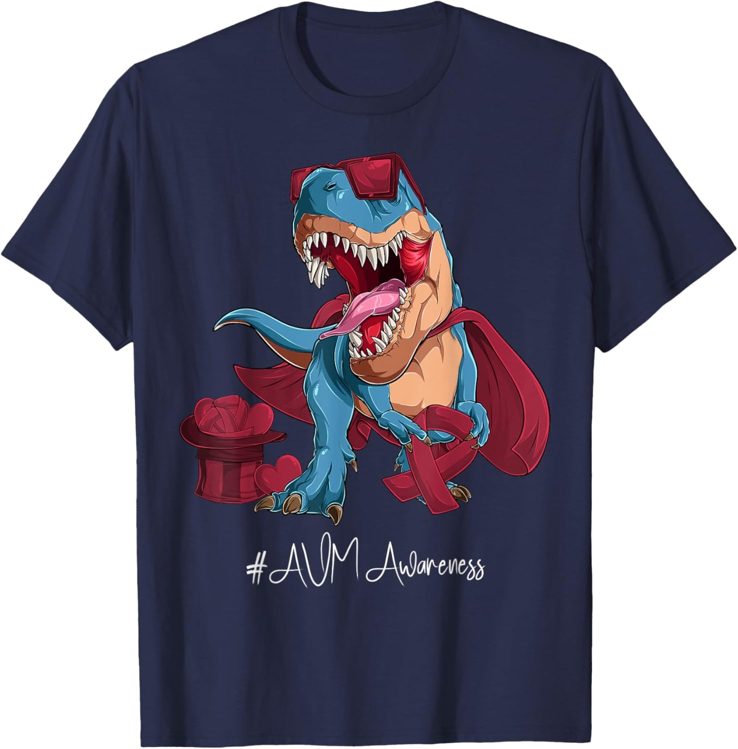 AVM Awareness Month Burgundy Ribbon Trex T-Shirt - T-Shirt | Navy