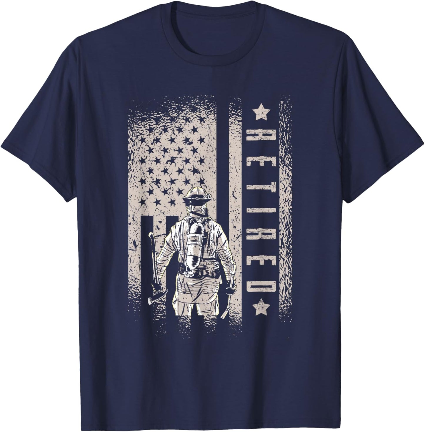 Retired Firefighter Fireman Axe American Flag T-Shirt - T-Shirt | Navy