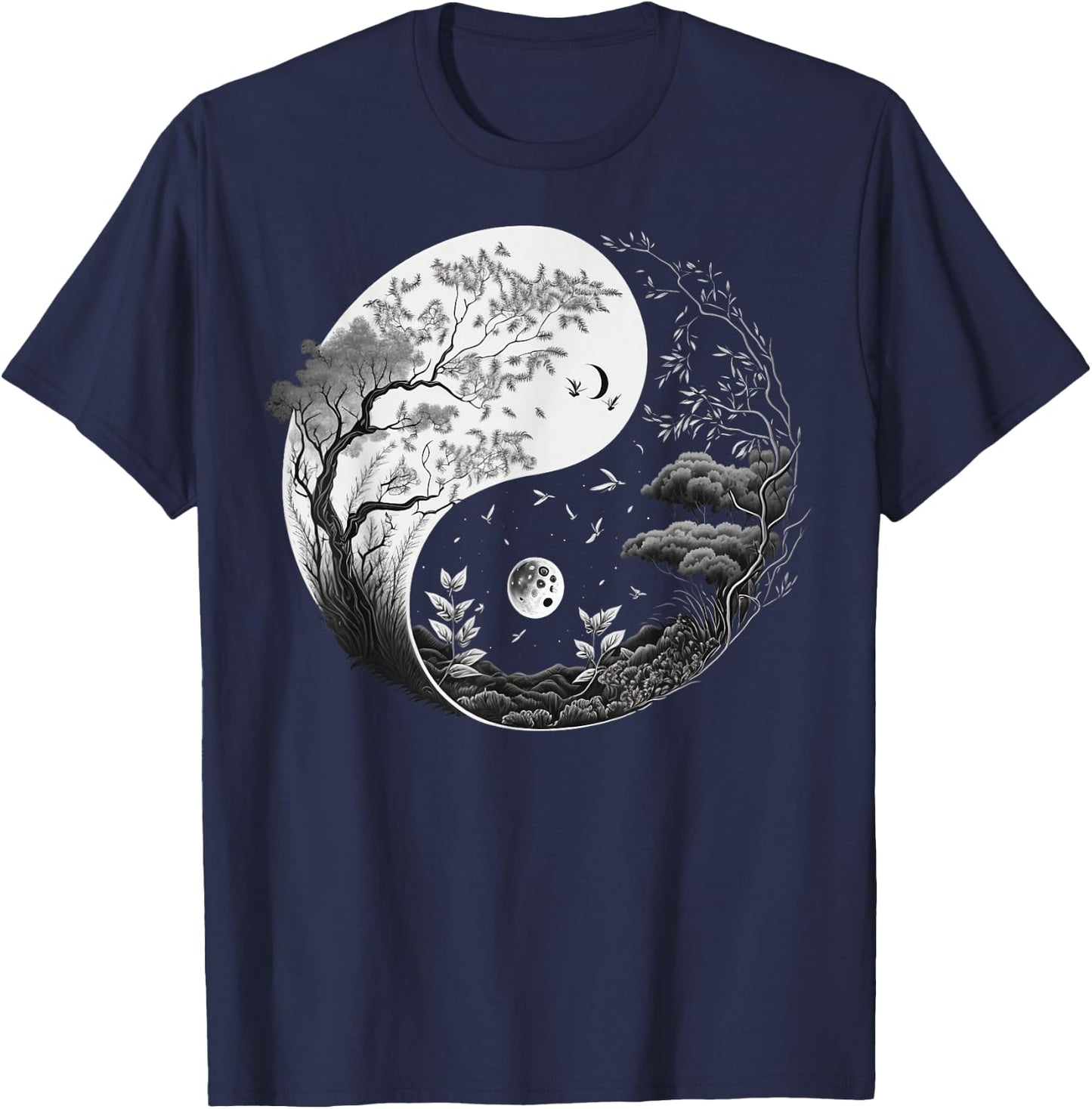 Black and White Taoism Yin Yang on Nature Taijitu Yin Yang T-Shirt - T-Shirt | Navy