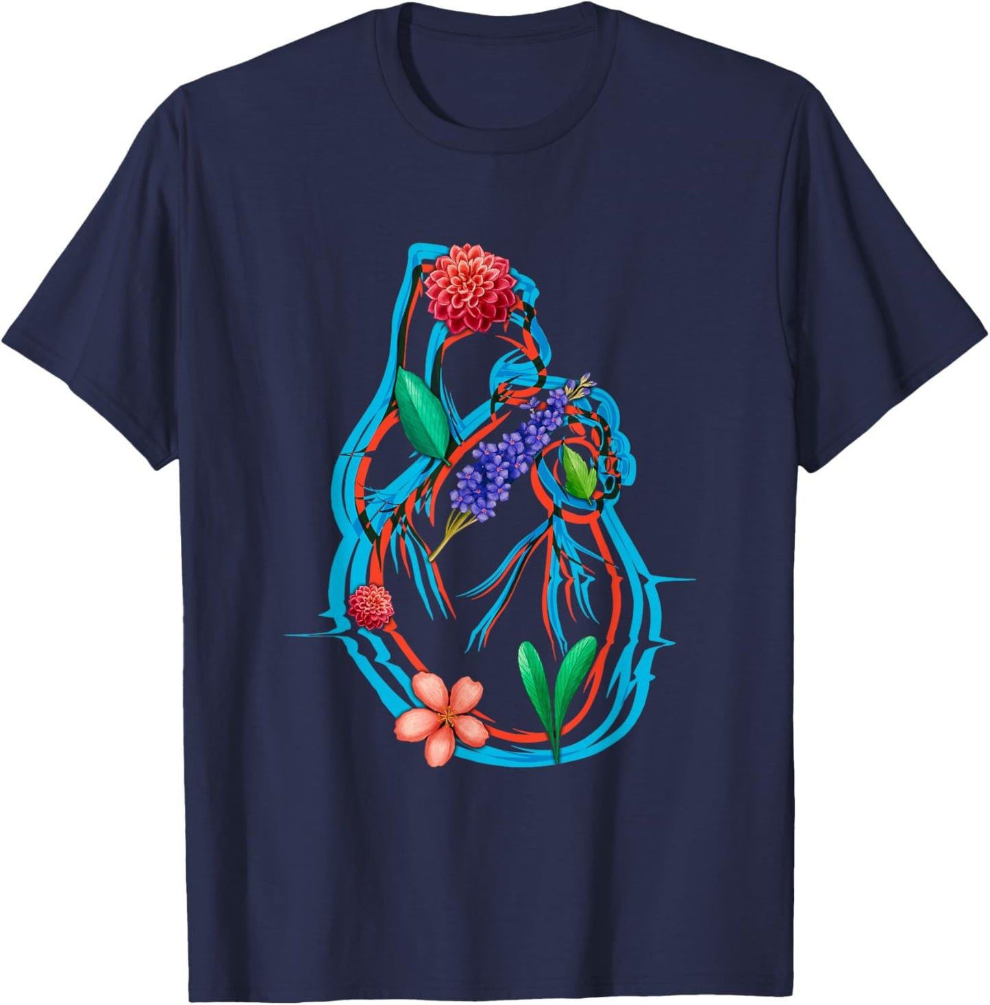 Anatomical Heart And Flowers Funny Men Women Cardiologist T-Shirt - T-Shirt | Navy