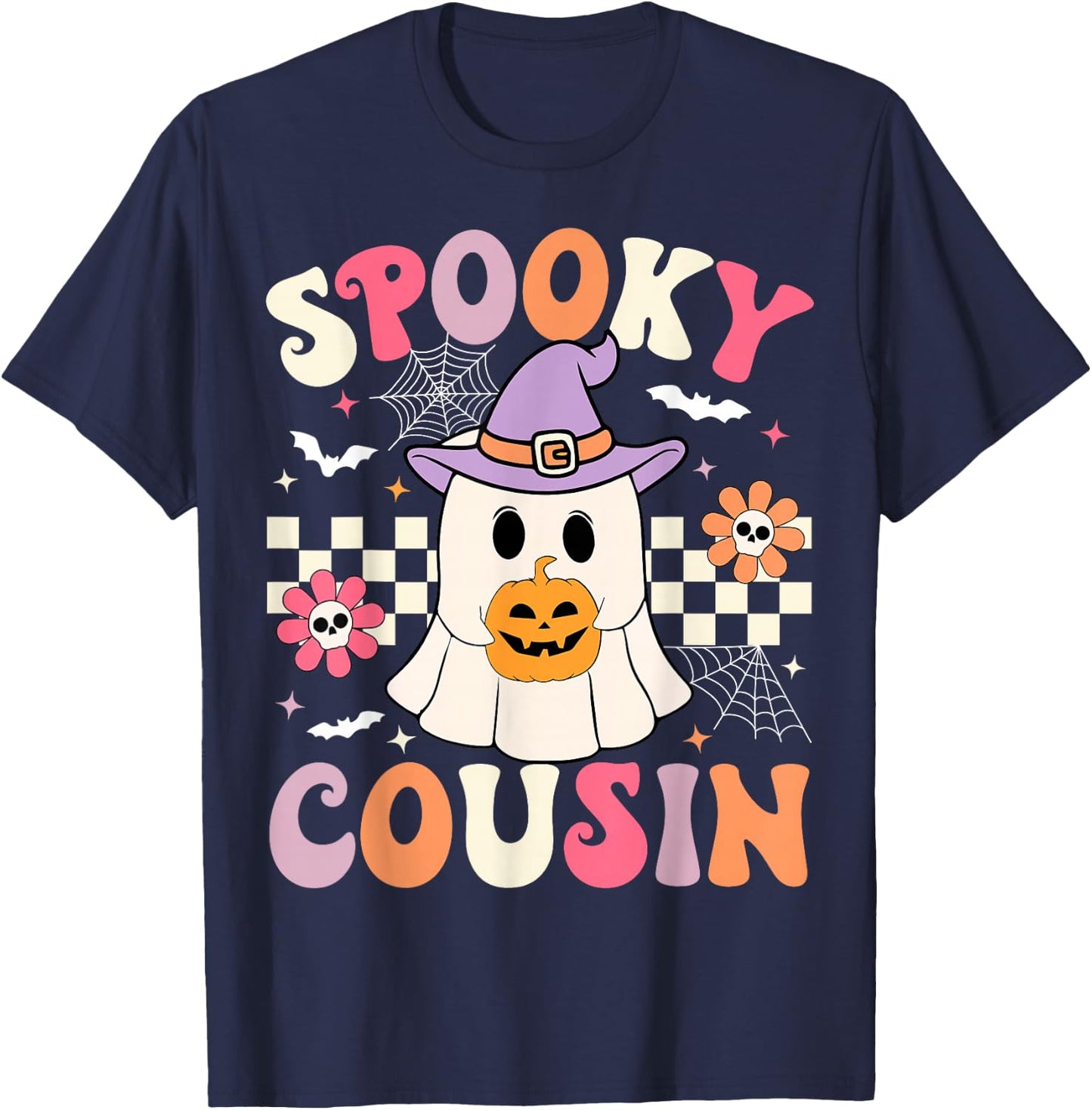 Groovy Spooky Cousin Retro Ghost Holding Pumpkin Halloween T-Shirt - T-Shirt | Navy