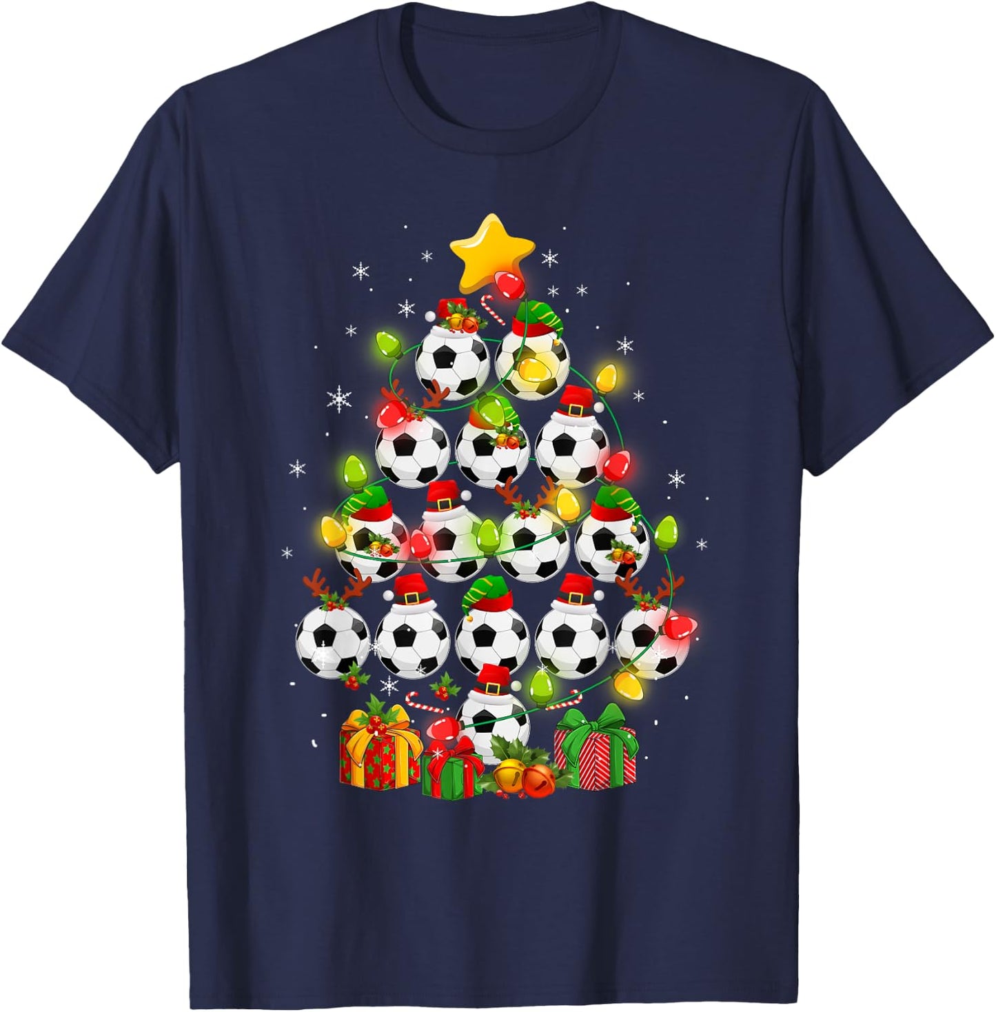 Soccer Balls Santa Elf Hat Christmas Tree Lights Ornaments T-Shirt - T-Shirt | Navy