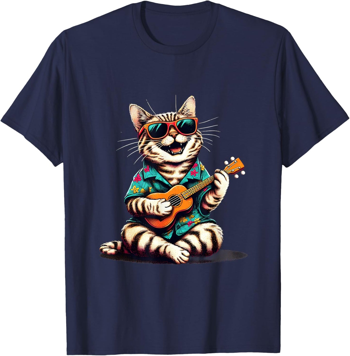 Cat Wearing a Hawaiian Shirt, Playing a Ukulele T-Shirt - T-Shirt | Navy