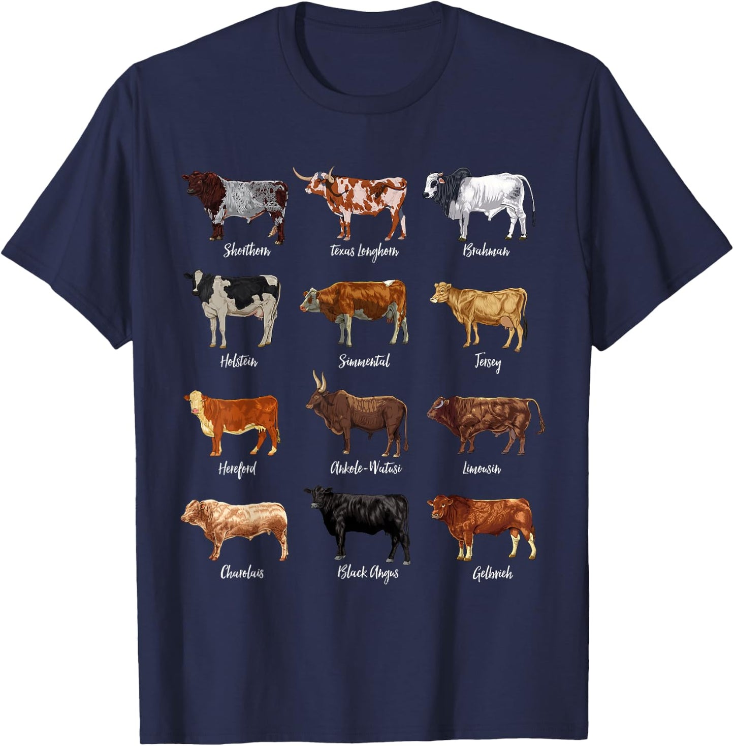 Cattle Drawings - Types of Cows T-Shirt - T-Shirt | Navy