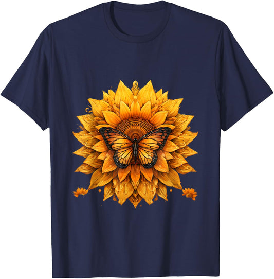Sunflower butterfly floral vintage cool graphic T-Shirt - T-Shirt | Navy