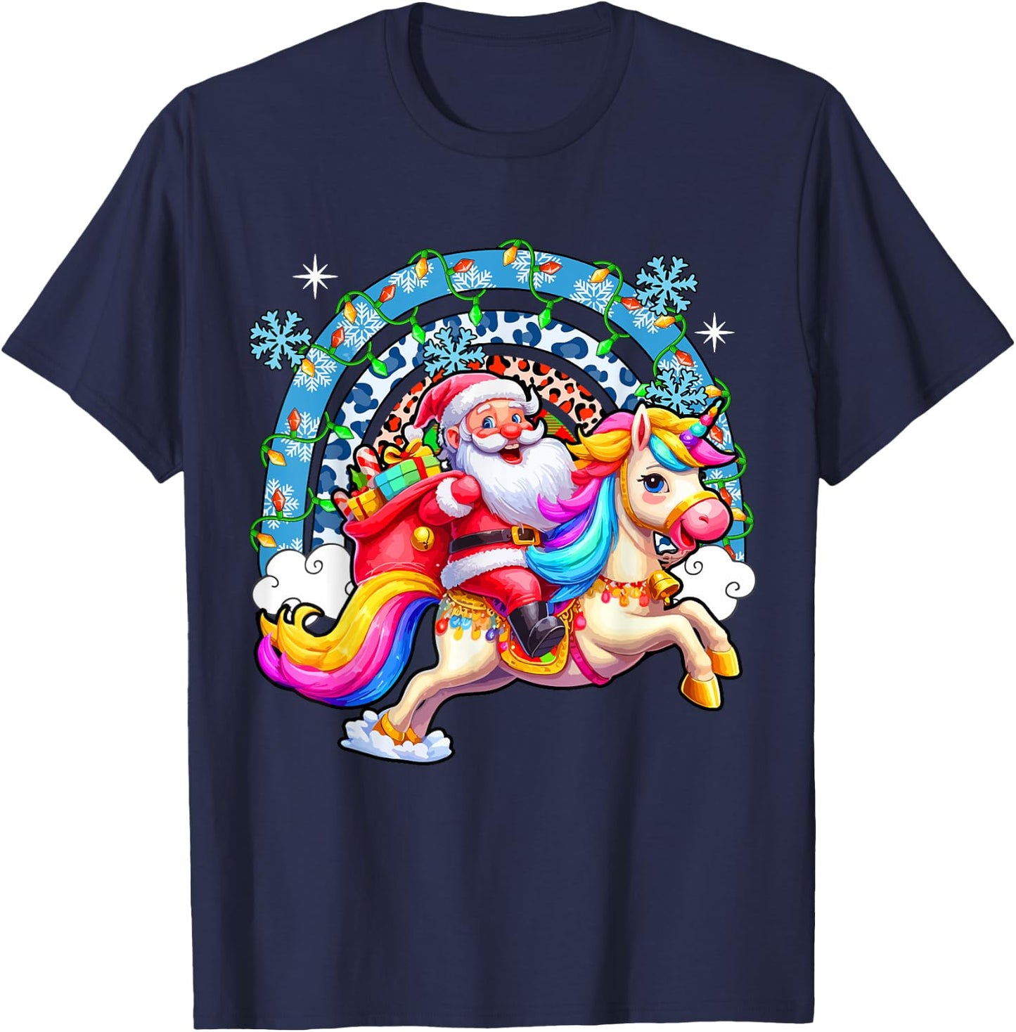 Santa Riding Colourful Unicorn Christmas Rainbow Xmas Lights T-Shirt - T-Shirt | Navy